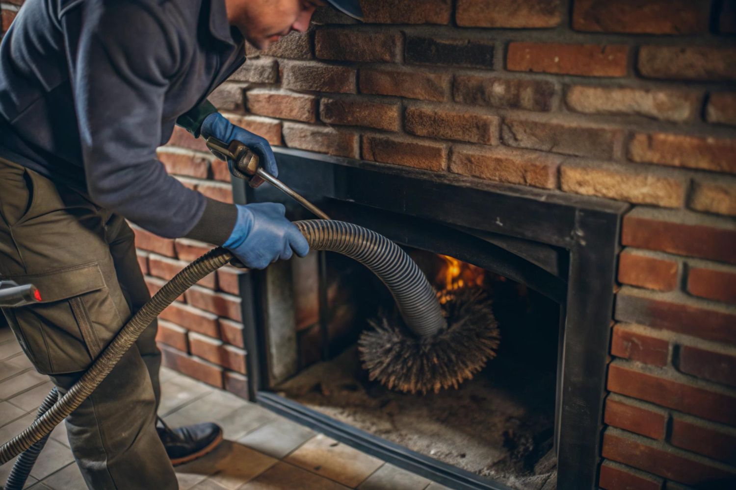 Technician sweeping a fireplace flue with a vacuum in an Alhambra home